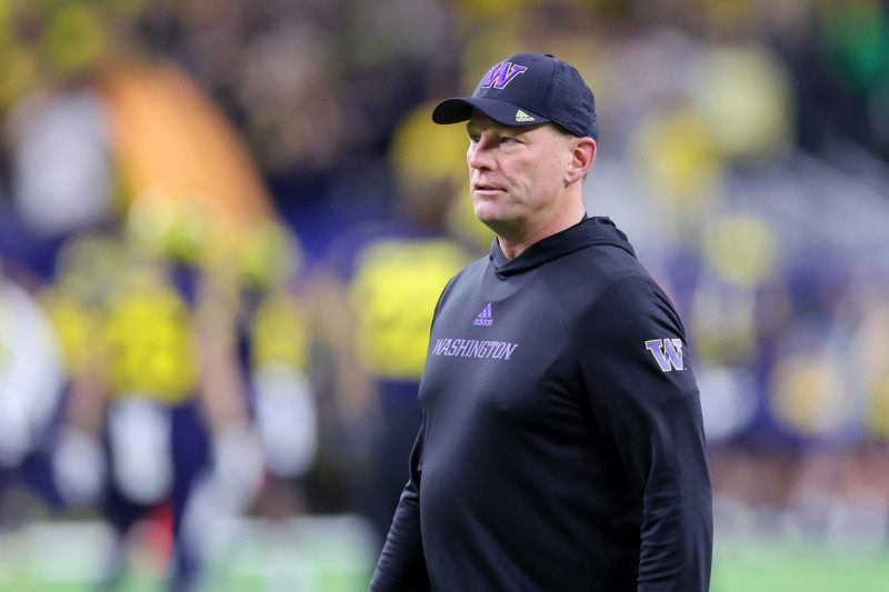 HOUSTON, TEXAS - JANUARY 08: Head coach Kalen DeBoer of the Washington Huskies looks on prior to the 2024 CFP National Championship game against the Michigan Wolverines at NRG Stadium on January 08, 2024 in Houston, Texas. (Photo by Stacy Revere/Getty Images)